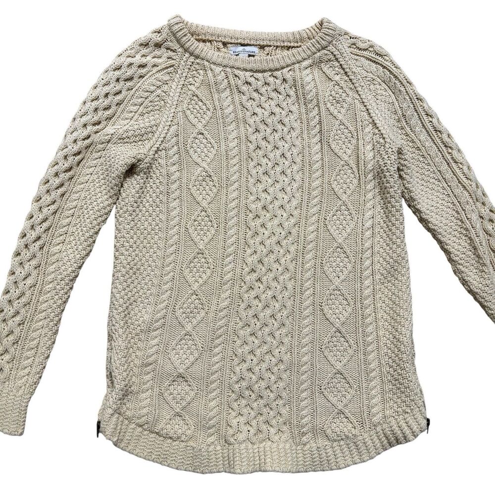 LL Bean Sweater Womens SMALL Beige Signature Cotton Fisherman Tunic Cable Knit